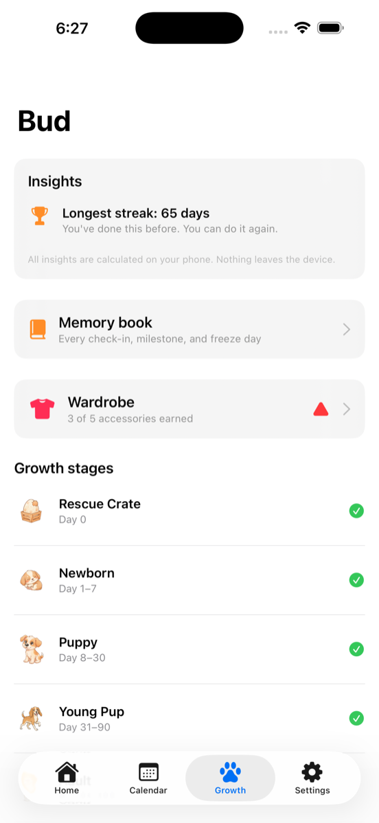DryDog Growth tab — Insights, Memory book, Wardrobe (3 of 5 accessories earned), and life stages