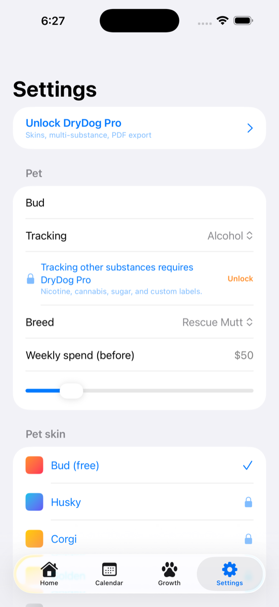DryDog Settings — Pro upsell, all five breeds available (no locks), tracking substance picker, and pet skin selection