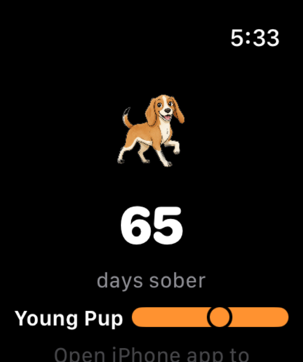 DryDog on Apple Watch Series 11 showing a young-pup sprite, 65 days sober, and a stage gauge